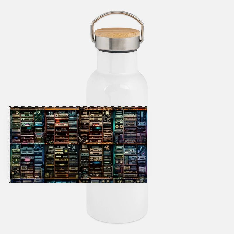 Vintage Audio Stack Collage Panoramic Thermal Bottle with Bamboo Lid