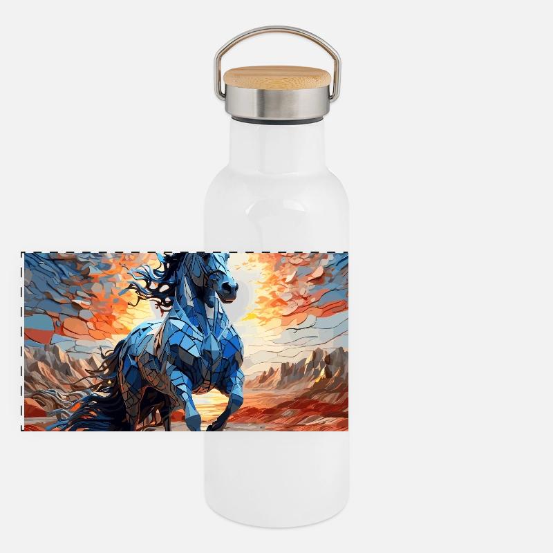 Cheval bleu abstrait au lever du soleil Gourde isotherme avec bouchon en bambou