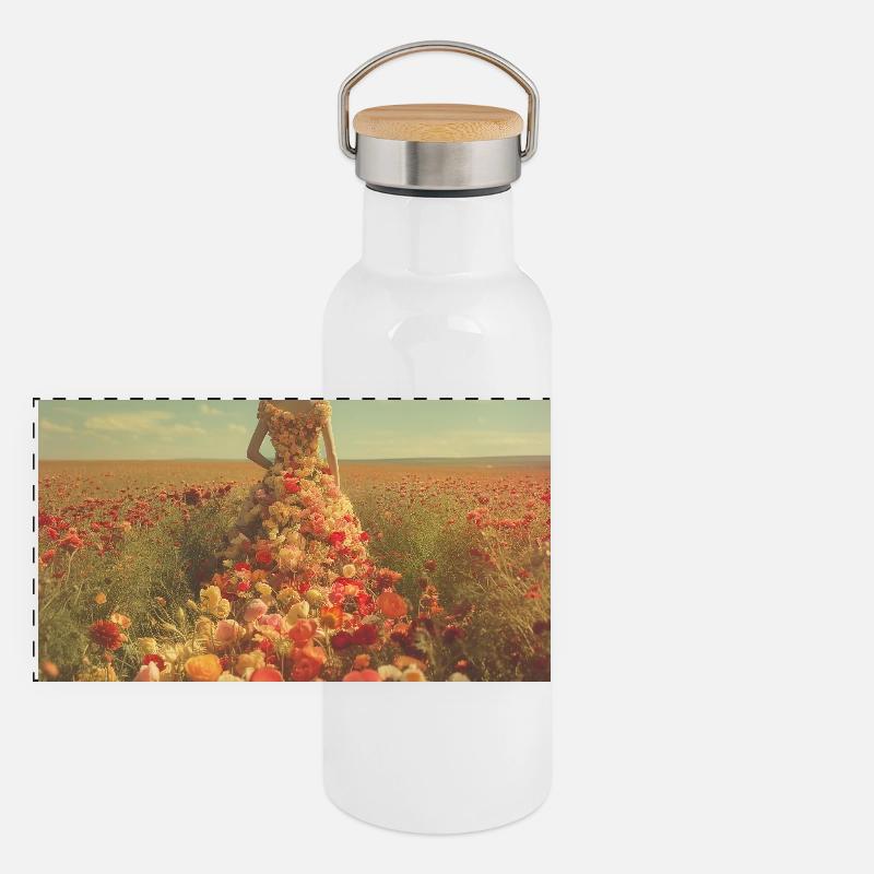 Blumenkleid im Blütenmeer - Panorama Thermosflasche mit Bambusdeckel - Weiß