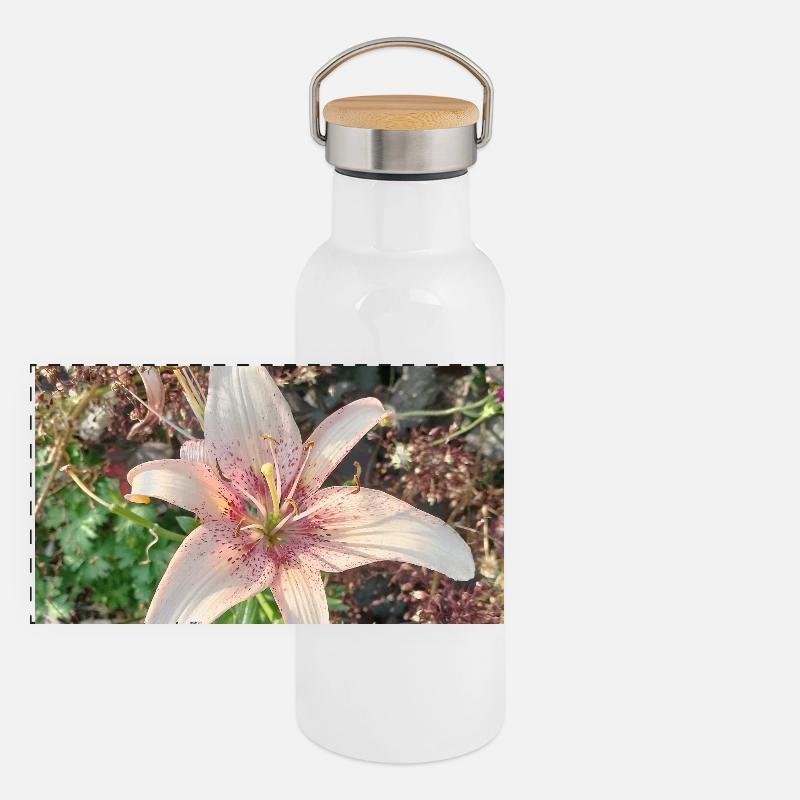 Douces fleurs de lys roses Gourde isotherme avec bouchon en bambou