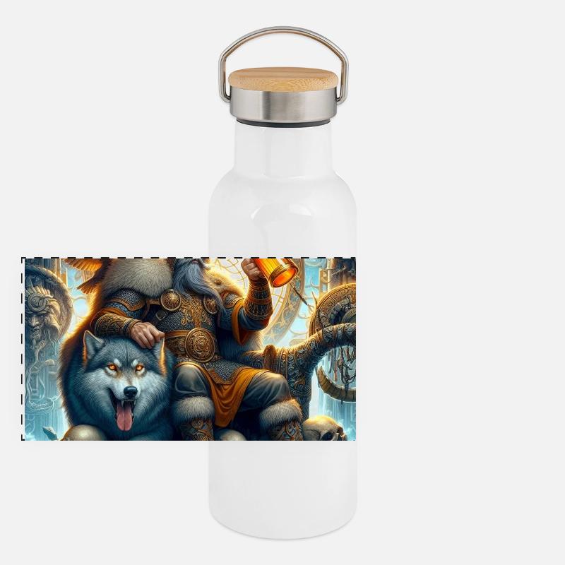 Wikinger mit Wolf Panorama Thermosflasche mit Bambusdeckel