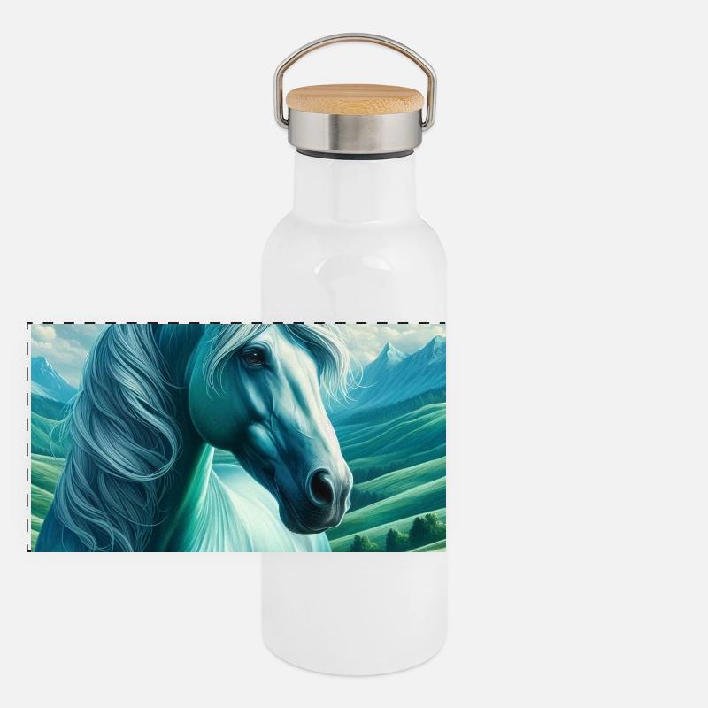 Blaues Pferd Panorama Thermosflasche mit Bambusdeckel