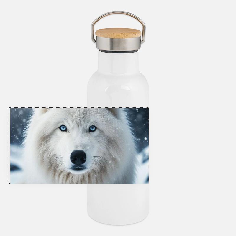Arktischer Wolf Panorama Thermosflasche mit Bambusdeckel