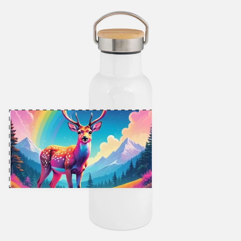 Cerf avec arc-en-ciel - Gourde isotherme avec bouchon en bambou - blanc