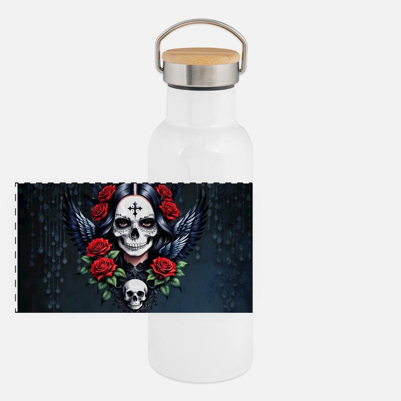 Engel Zuckerschädel mit Rosen Panorama Thermosflasche mit Bambusdeckel