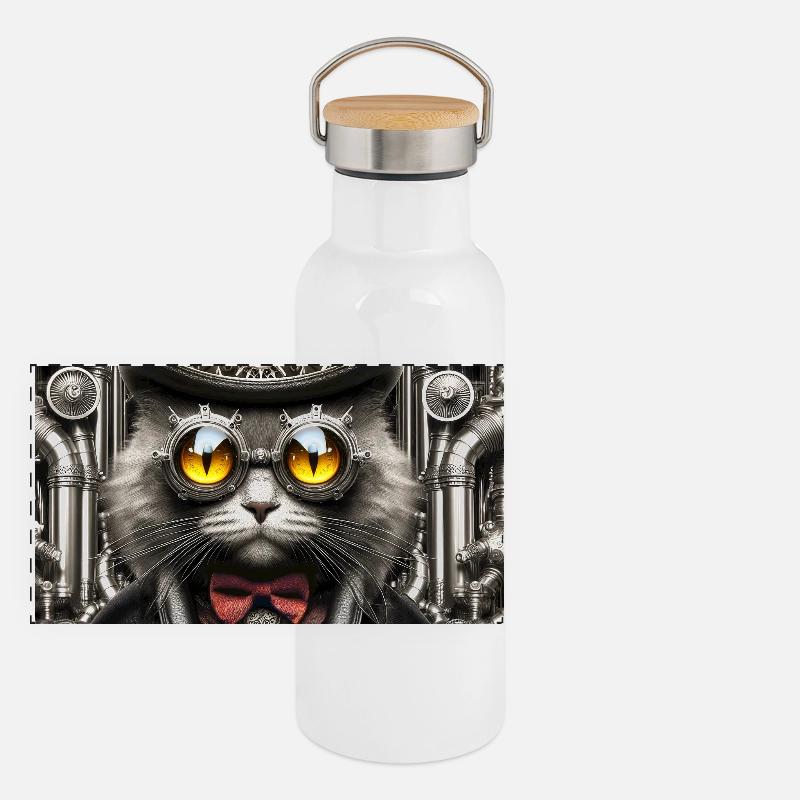 Steampunk Cat - Panoramic Thermal Bottle with Bamboo Lid - white