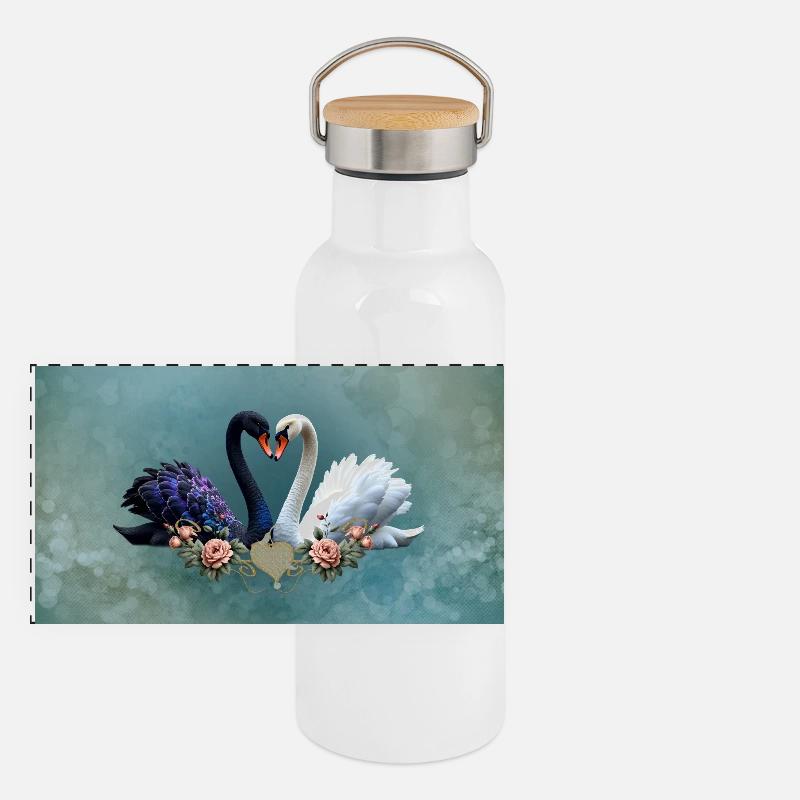 Lien éternel, cygnes noirs et blancs amoureux Gourde isotherme avec bouchon en bambou