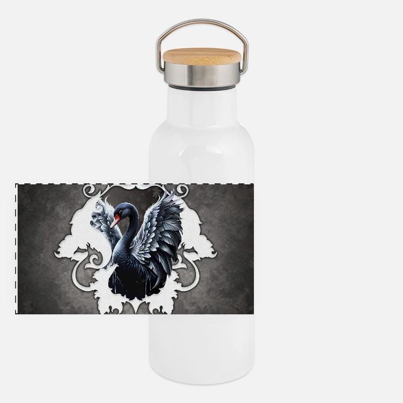 Im Schatten der Eleganz: Ein schwarzer Schwan. Panorama Thermosflasche mit Bambusdeckel