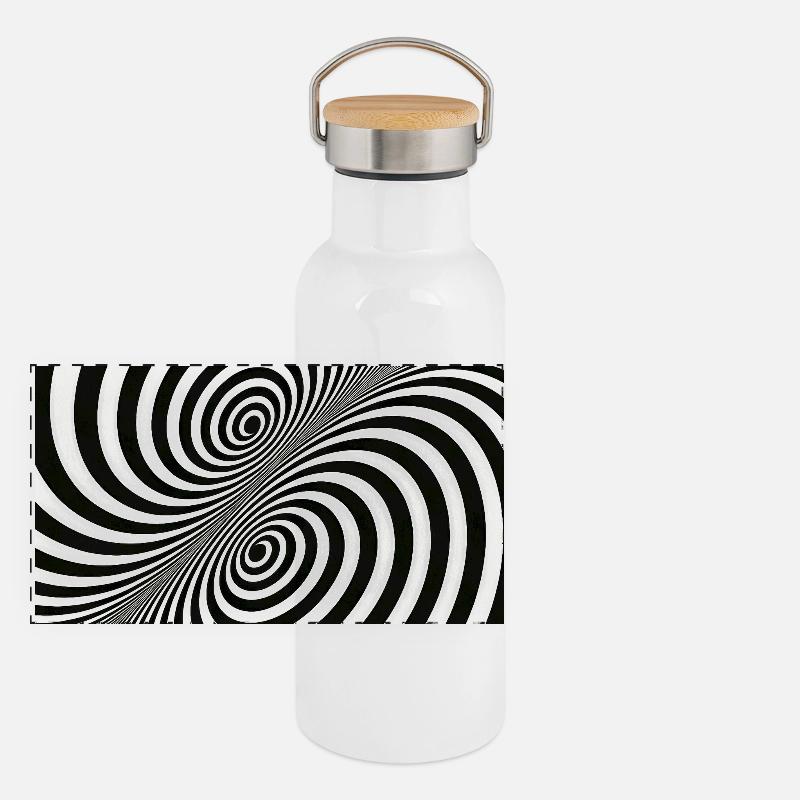 Optical Illusion Spiral Pattern in Black and White Panoramic Thermal Bottle with Bamboo Lid