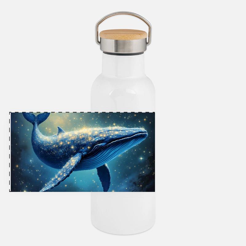 Krafttier Galaktischer Wal Panorama Thermosflasche mit Bambusdeckel