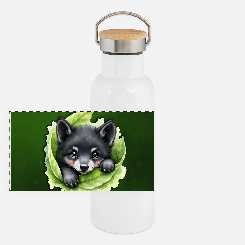 Wolf puppy on the green - Panoramic Thermal Bottle with Bamboo Lid - white