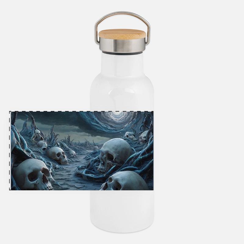 Paysage de crâne étrange sous un tourbillon cosmique Gourde isotherme avec bouchon en bambou