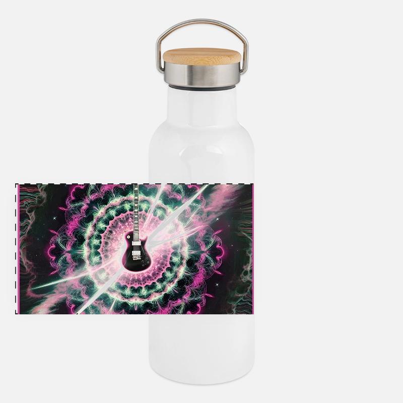 Neon Cosmic Guitar Explosion Panoramic Thermal Bottle with Bamboo Lid