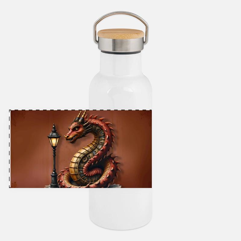 Steampunk dragon with lamppost Panoramic Thermal Bottle with Bamboo Lid