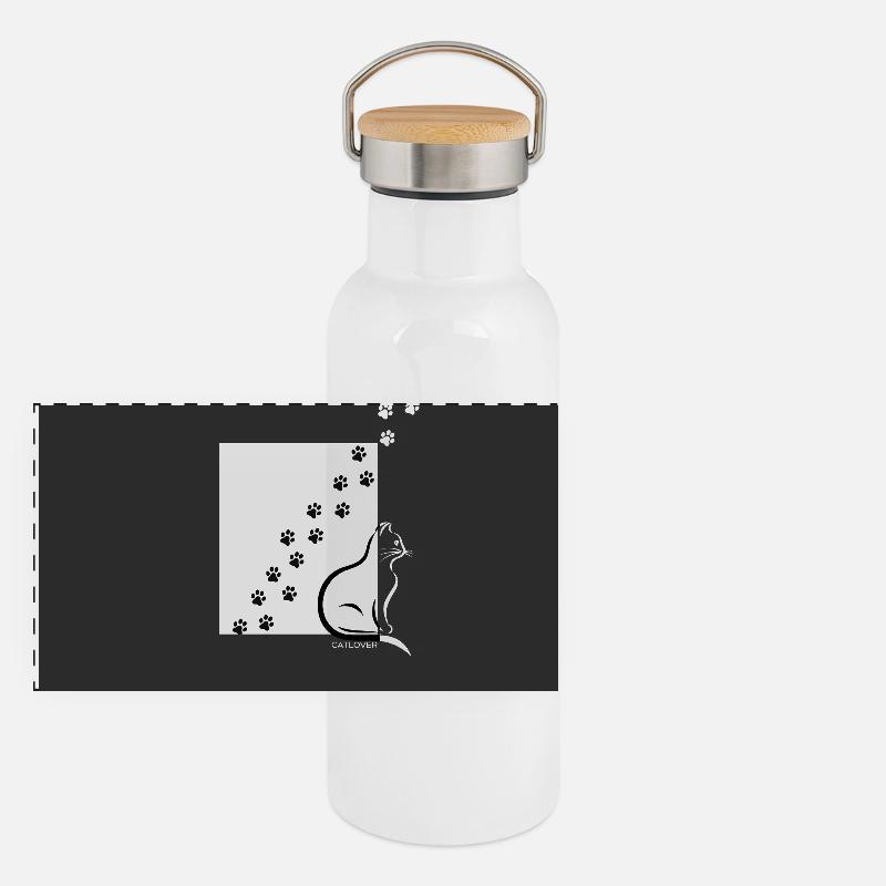 Pfotenpfad Katze Silhouette Panorama Thermosflasche mit Bambusdeckel