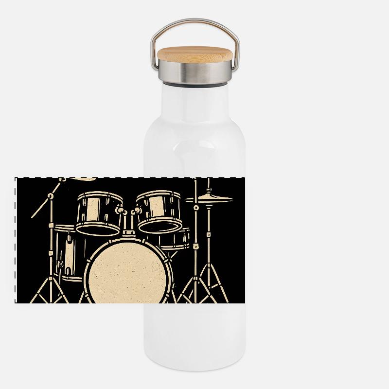 Black Silver Drumset Illustration Panoramic Thermal Bottle with Bamboo Lid