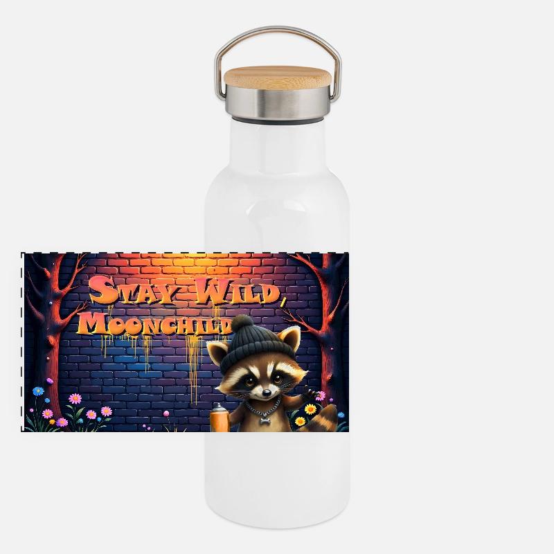 Urbaner Waschbär-Mondkind-Graffiti Panorama Thermosflasche mit Bambusdeckel