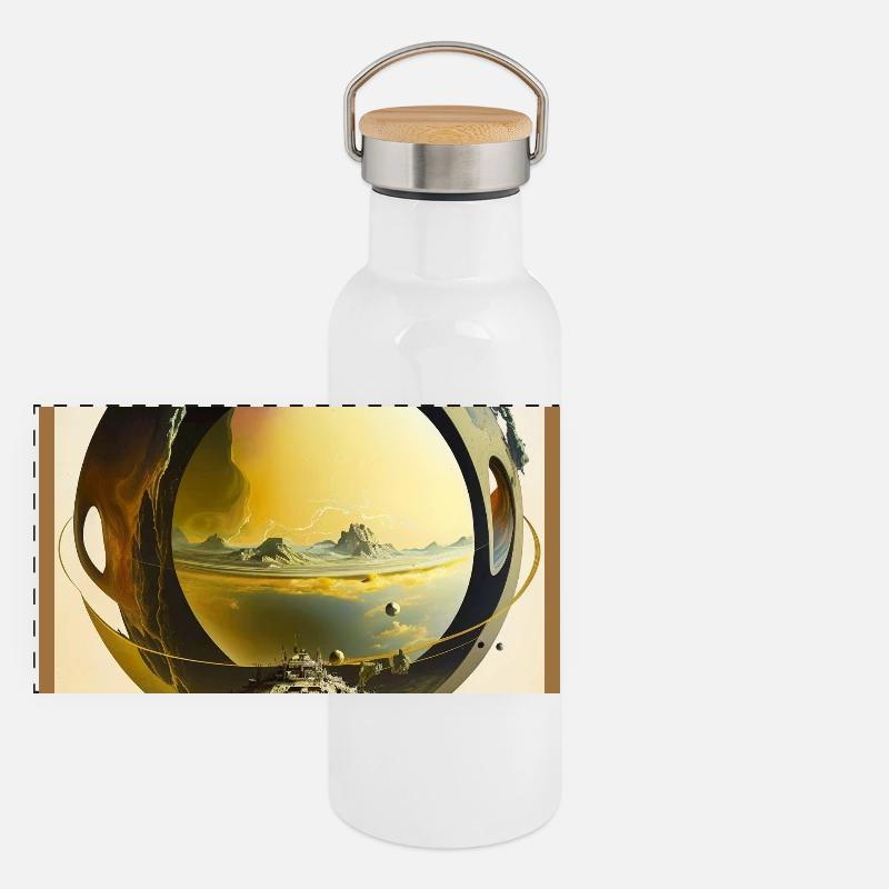 Sphere Ring Surreal Moon World Panoramic Thermal Bottle with Bamboo Lid