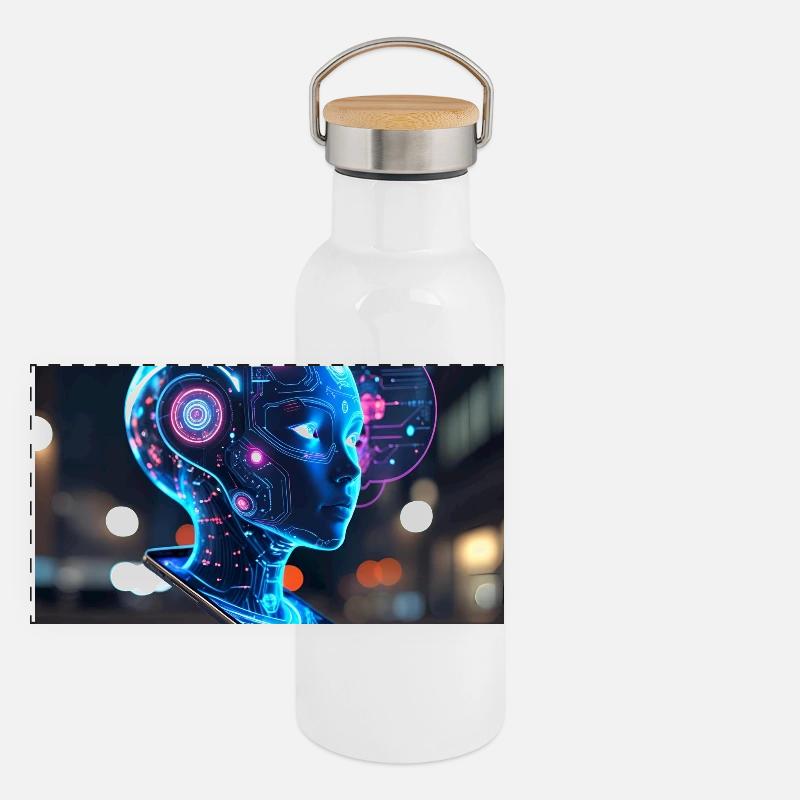 Neon Holographic AI Portrait Panoramic Thermal Bottle with Bamboo Lid