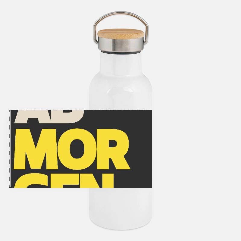 Ab Morgen Blockbuchstaben Gelb Beige - Panorama Thermosflasche mit Bambusdeckel - Weiß