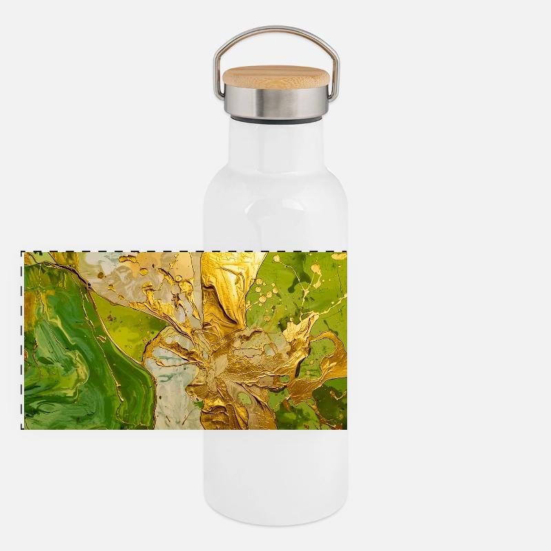Abstraction vert doré avec texture métallique Gourde isotherme avec bouchon en bambou