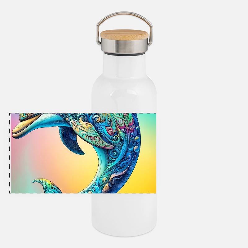 Delfin - Panorama Thermosflasche mit Bambusdeckel - Weiß