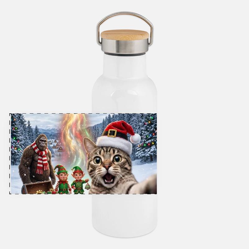 Weihnachtskatze im UFO-Selfie Panorama Thermosflasche mit Bambusdeckel