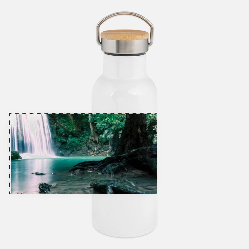 Green Waterfall in the Forest Panoramic Thermal Bottle with Bamboo Lid