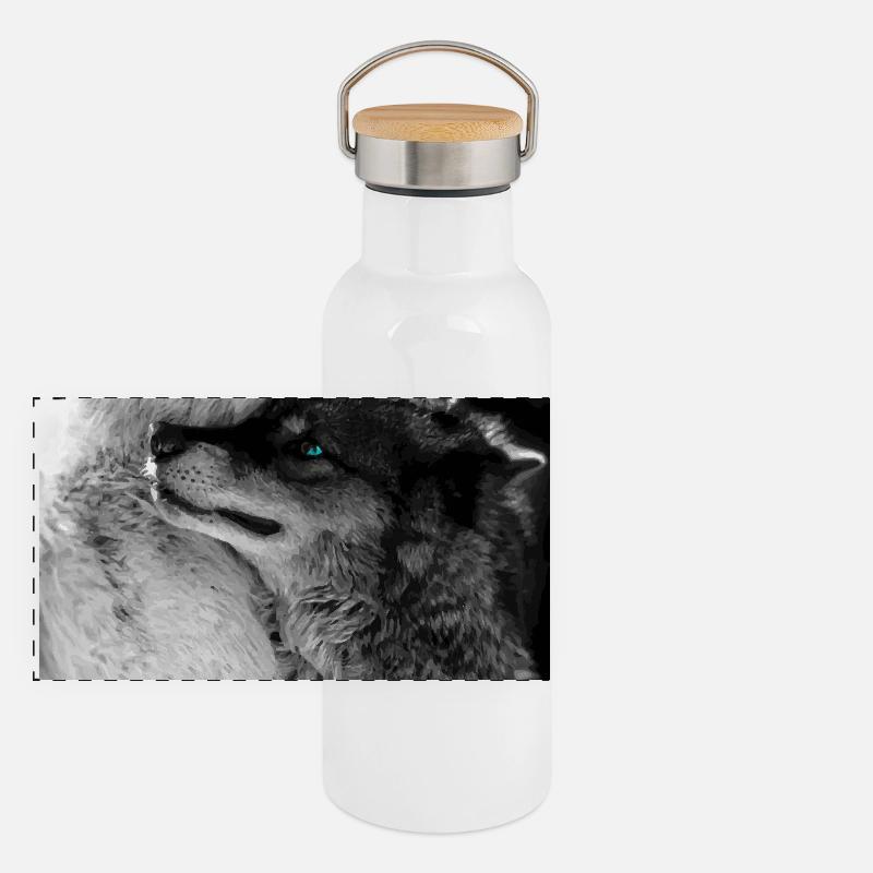 Two Wolves Hugging Blue Eyes Panoramic Thermal Bottle with Bamboo Lid