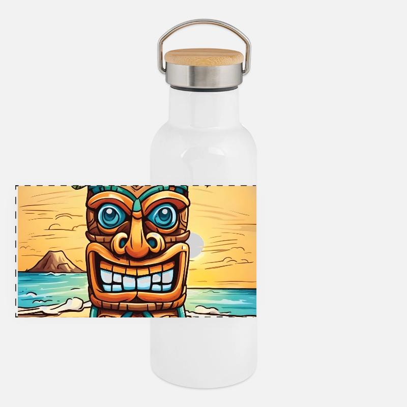 Tiki Statue Panorama Thermosflasche mit Bambusdeckel
