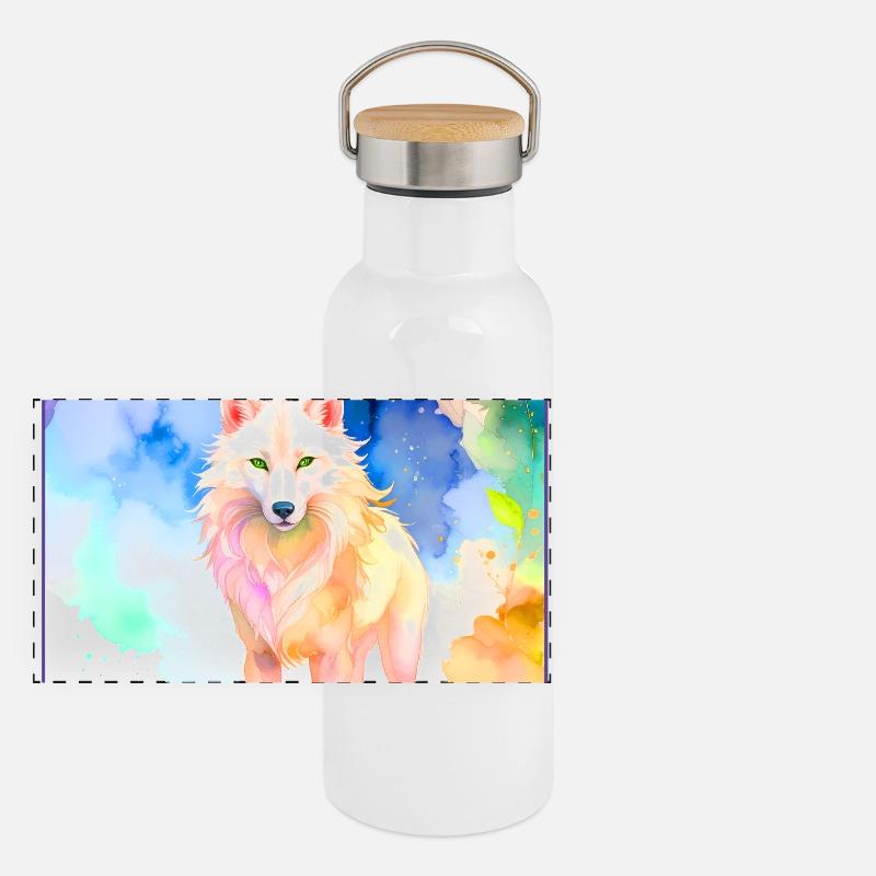 Weißer Wolf vor bunter Höhle Panorama Thermosflasche mit Bambusdeckel