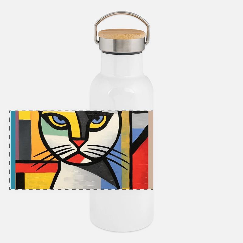 Tête de chat abstraite en blocs de couleur style Pop Art Gourde isotherme avec bouchon en bambou