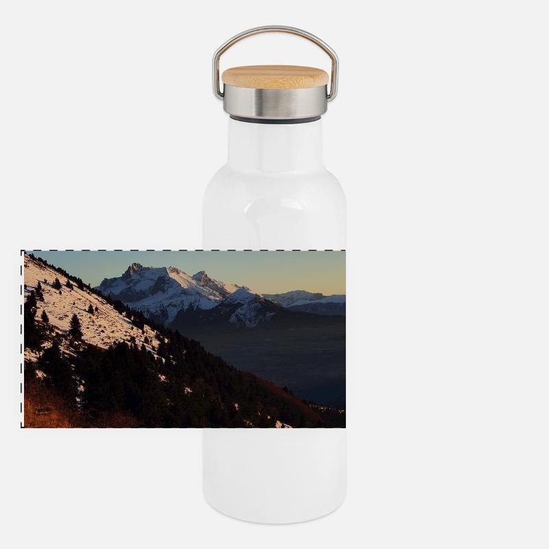 Sunset over snow-capped peaks Panoramic Thermal Bottle with Bamboo Lid