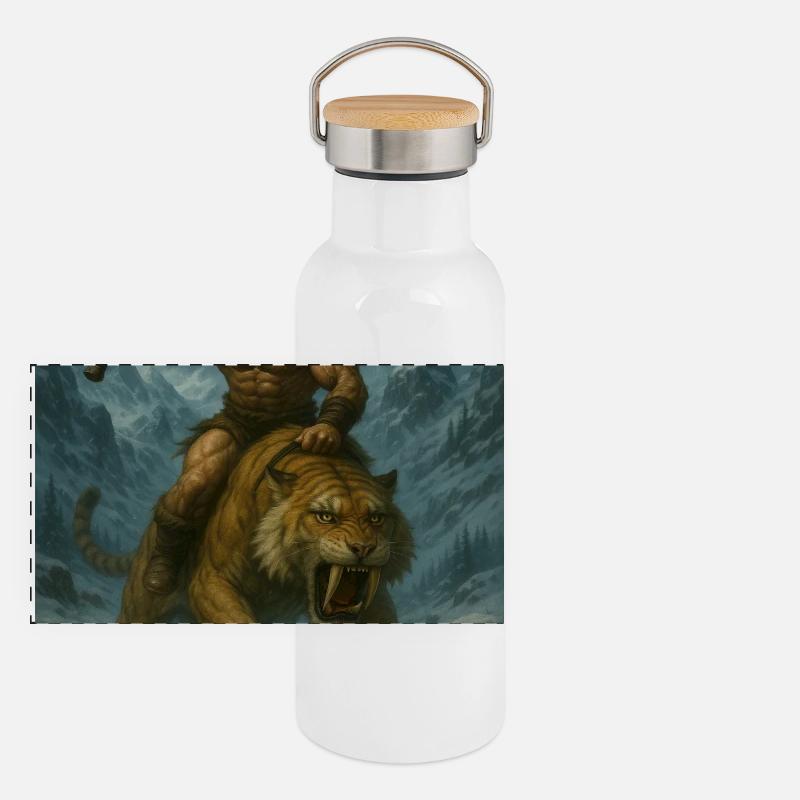 Wilder Krieger auf Sabertooth Tiger – Kunst Panorama Thermosflasche mit Bambusdeckel