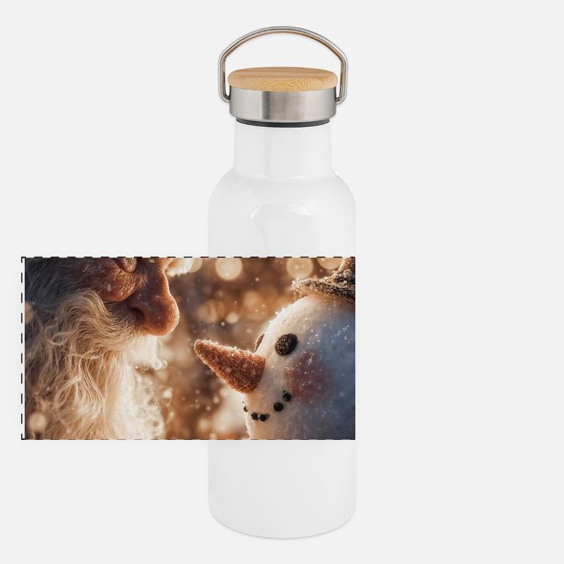 Snowbound Santa and Snowman - Panoramic Thermal Bottle with Bamboo Lid - white