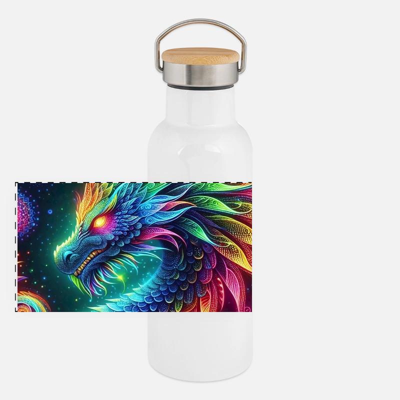 Vibrant Neon Dragon - Mesmerizing Fantasy Art Panoramic Thermal Bottle with Bamboo Lid