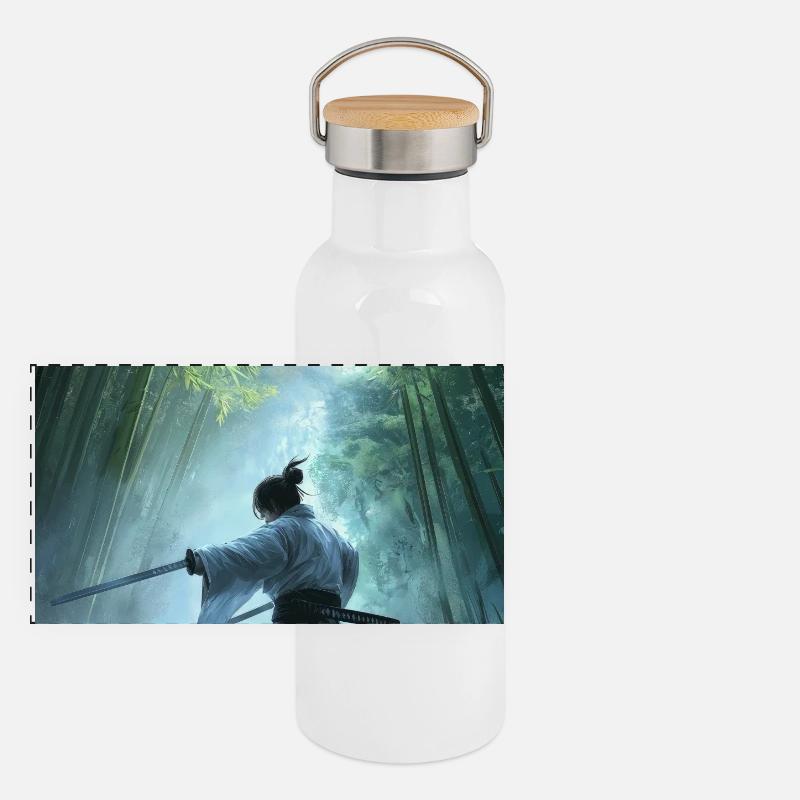 Samurai im Wald Panorama Thermosflasche mit Bambusdeckel