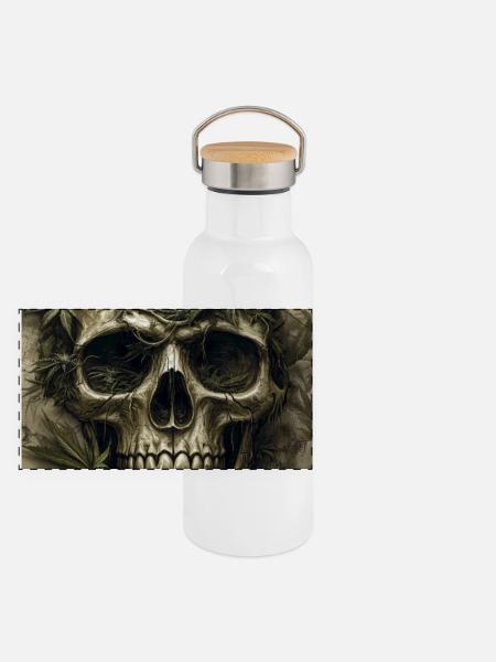 Schädel mit Hanfblättern - Panorama Thermosflasche mit Bambusdeckel - Weiß - Vorne