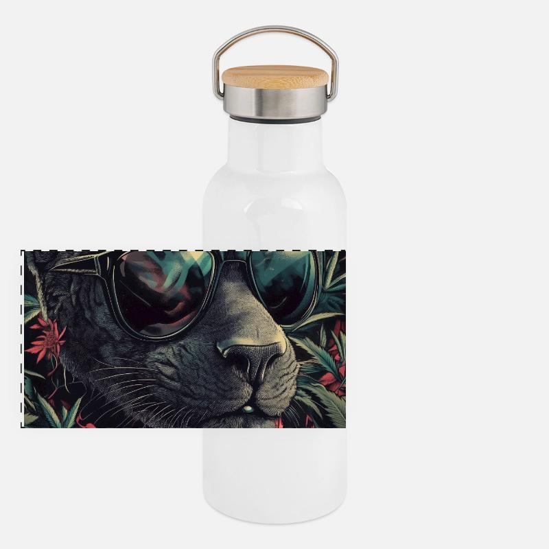 Tropenkatze mit Sonnenbrille Panorama Thermosflasche mit Bambusdeckel