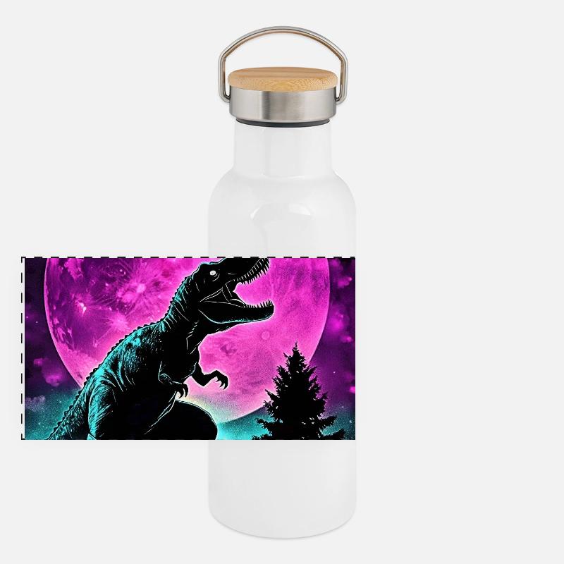 Nacht-T-Rex Neonmond Silhouette Panorama Thermosflasche mit Bambusdeckel