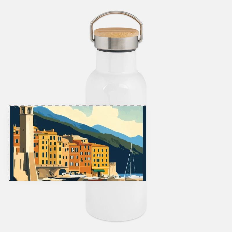 Explore Charming Camogli in Italy Panoramic Thermal Bottle with Bamboo Lid