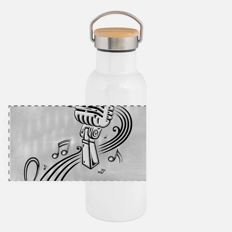 Microphone rétro avec micro en partition argent Gourde isotherme avec bouchon en bambou