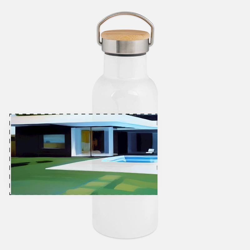 Weiße Villa mit Pool Panorama Thermosflasche mit Bambusdeckel