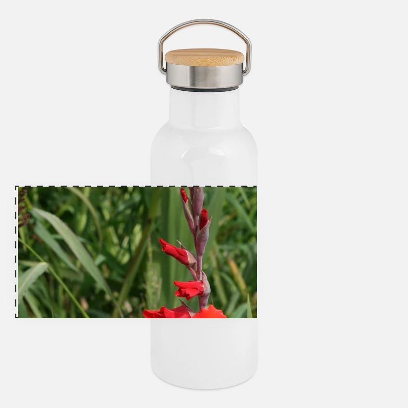 Gladiolus – starch in bloom - Panoramic Thermal Bottle with Bamboo Lid - white