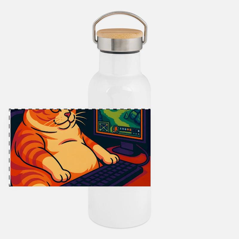 Chubby Gaming Cat with Retro Pixel Art Panoramic Thermal Bottle with Bamboo Lid