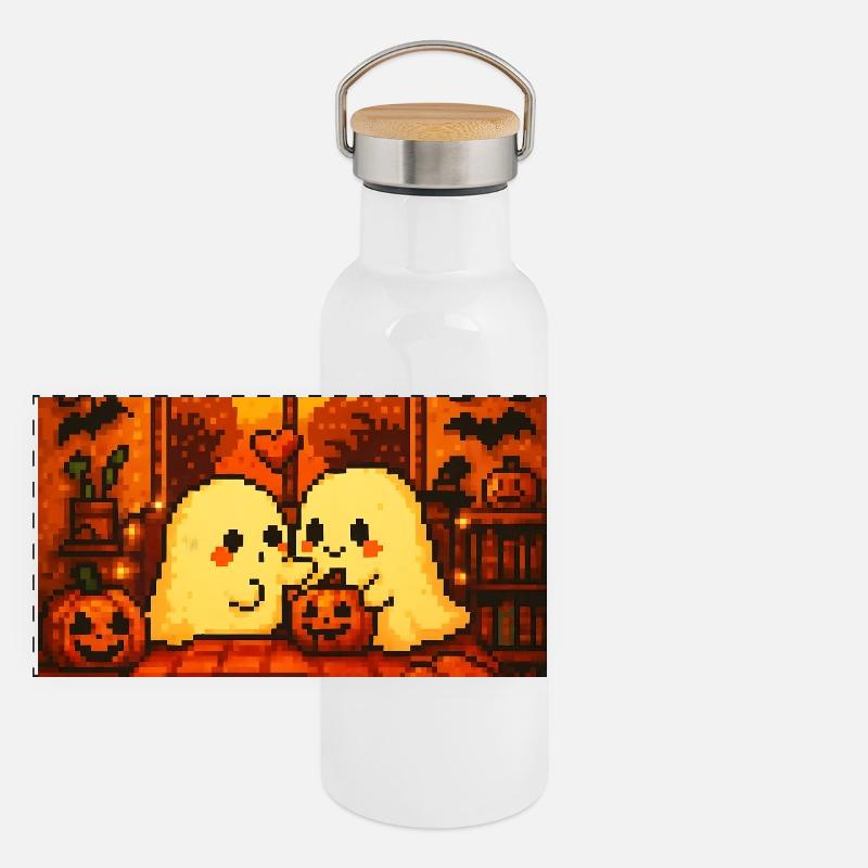 Cute Ghosts Pixel Art Panoramic Thermal Bottle with Bamboo Lid