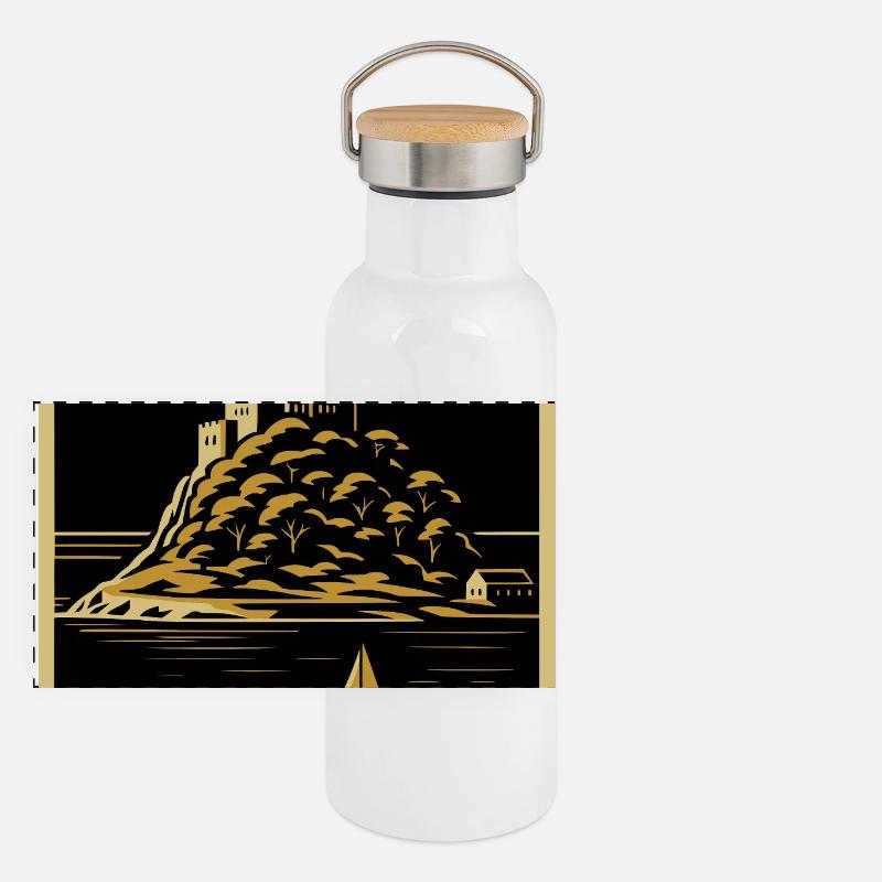 Cornwall, Angleterre – Affiche de voyage Art déco Gourde isotherme avec bouchon en bambou