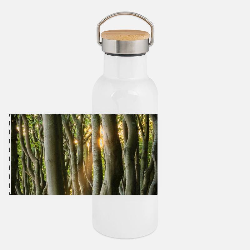 Bäume Licht der Sonne Panorama Thermosflasche mit Bambusdeckel