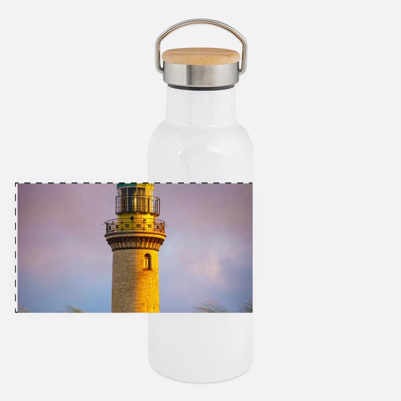 Lighthouse in Warnemünde at sunset Panoramic Thermal Bottle with Bamboo Lid