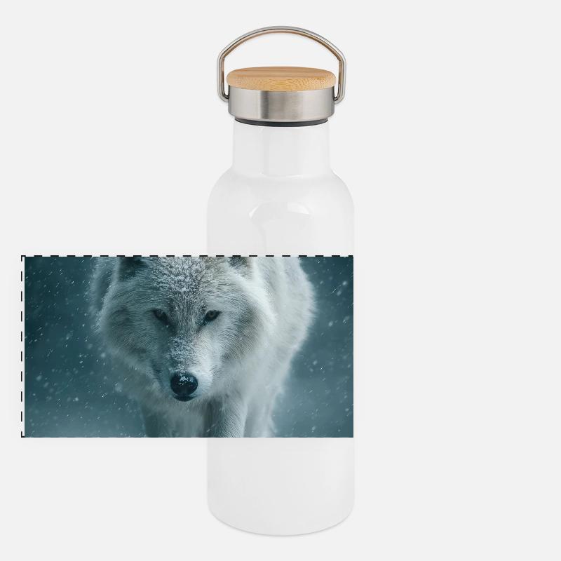 Arctic Wolf in Snowfall Panoramic Thermal Bottle with Bamboo Lid